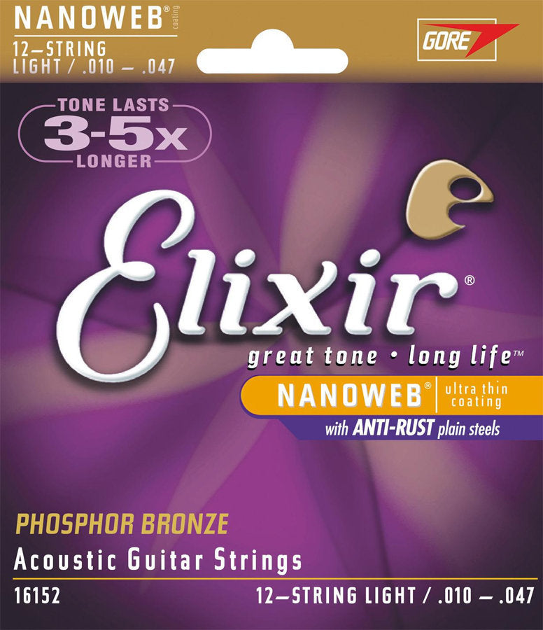 Elixir Nanoweb Phosphor-Bronze Acoustic Guitar Strings - 12-String Light, 10-47